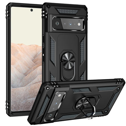 Black shockproof phone case with metal ring kickstand and bumper protection