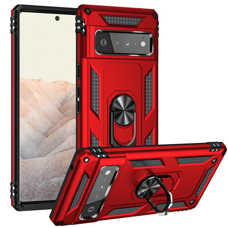 Red rugged phone case with rotating holder, raised camera cutouts, and ring kickstand