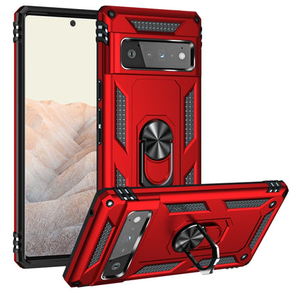 Red rugged phone case with rotating holder, raised camera cutouts, and ring kickstand