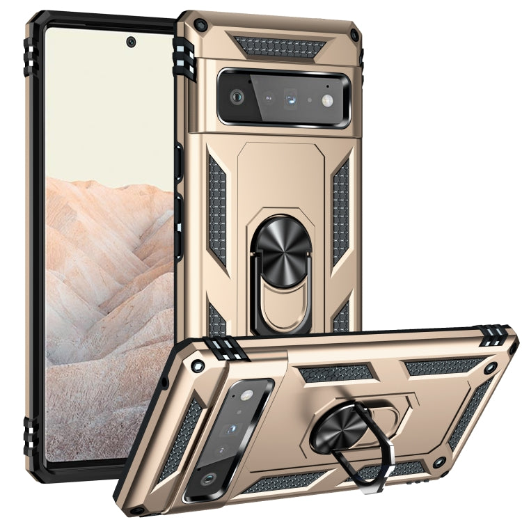 Gold protective phone case with rotating ring holder, raised camera guard, and shockproof corners