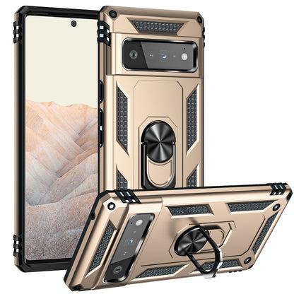 Gold protective phone case with rotating ring holder, raised camera guard, and shockproof corners