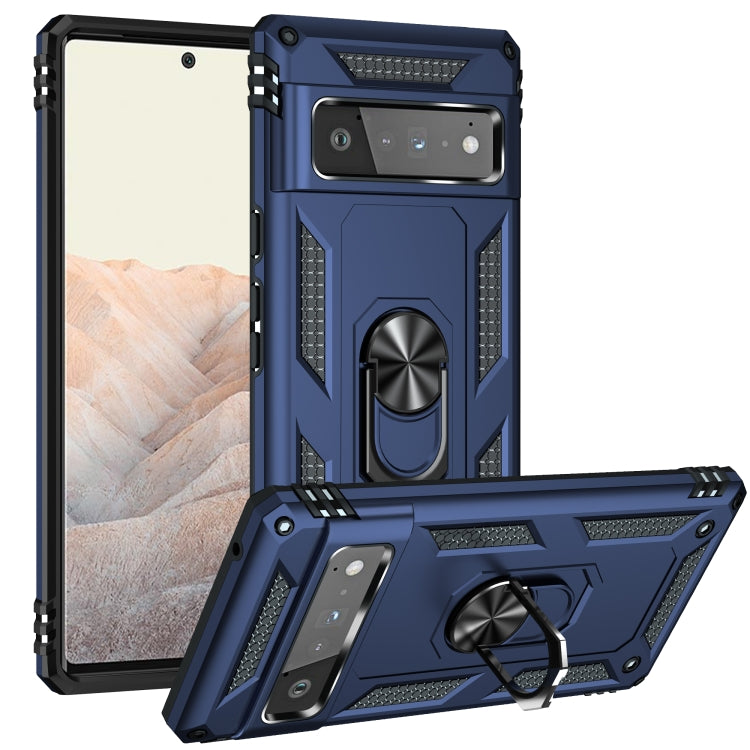 Blue shockproof phone case with rotating ring holder, textured grip edges, and camera protection