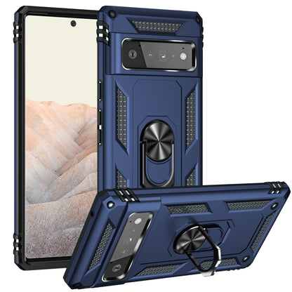 Blue shockproof phone case with rotating ring holder, textured grip edges, and camera protection