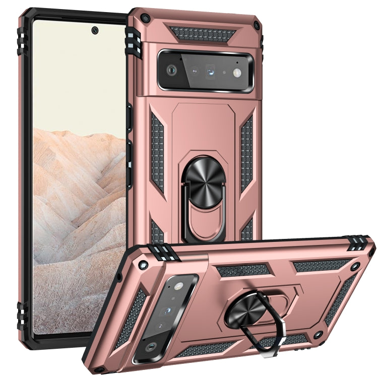 Rose gold protective phone case with rotating ring holder, textured grip sides, and shockproof corners