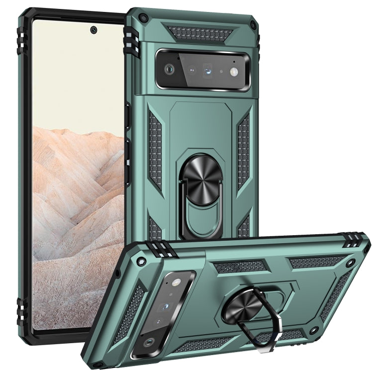 Teal shockproof phone case with rotating kickstand ring and textured grip ridges