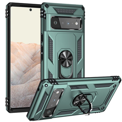Teal shockproof phone case with rotating kickstand ring and textured grip ridges