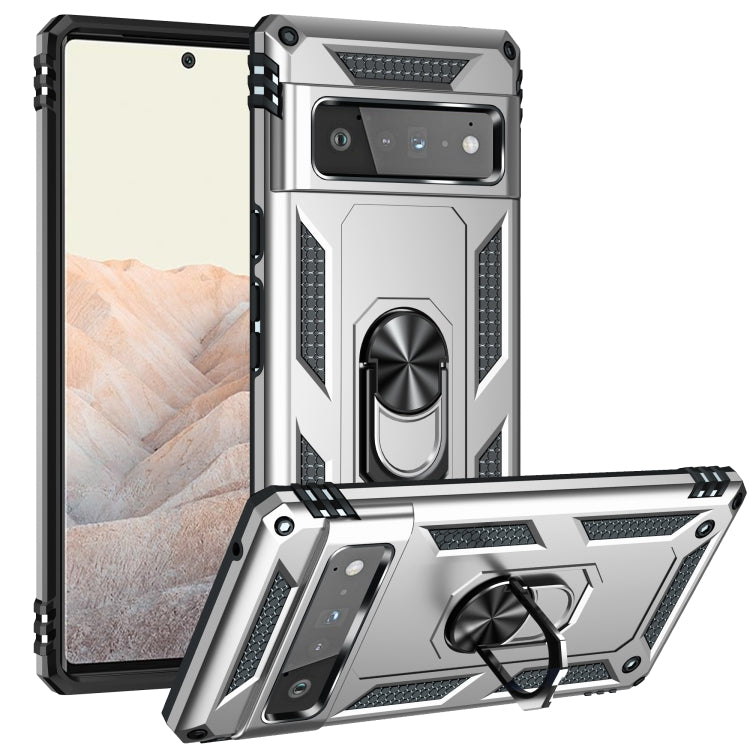 Silver shockproof phone case with rotating kickstand ring and textured grip ridges
