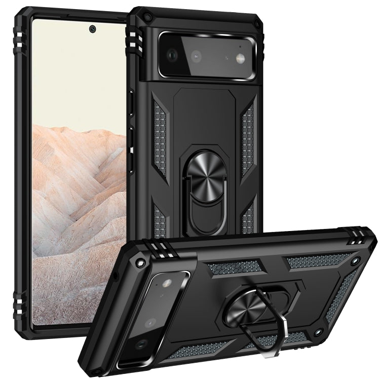 Black rugged shockproof phone case with metal ring kickstand and raised camera cover