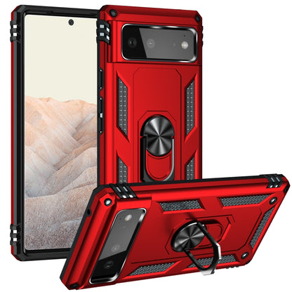Red shockproof phone case with rotating ring holder, textured grip edges, and camera protection