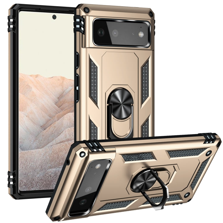 Gold rugged phone case with rotating holder, textured paneling, and ring kickstand