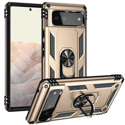 Gold rugged phone case with rotating holder, textured paneling, and ring kickstand