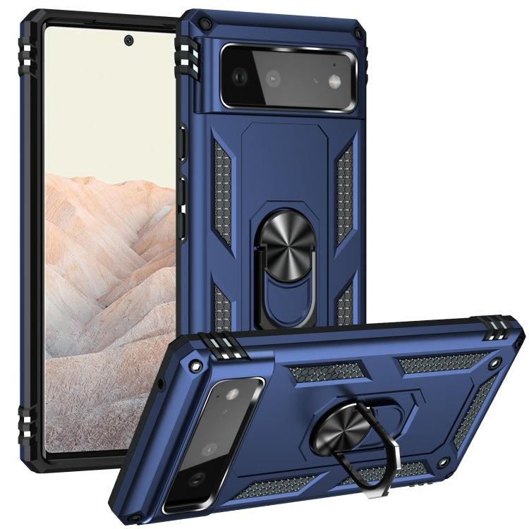 Blue protective phone case with rotating holder, ring kickstand, and textured shockproof design