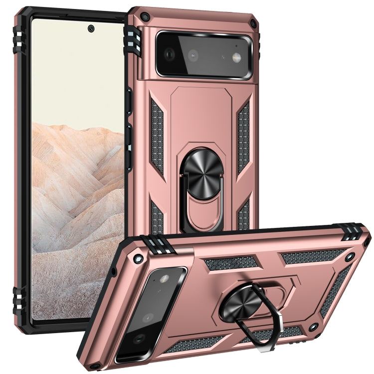 Rose gold shockproof phone case with rotating kickstand ring and rugged black bumpers