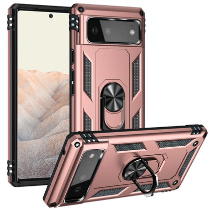 Rose gold shockproof phone case with rotating kickstand ring and rugged black bumpers