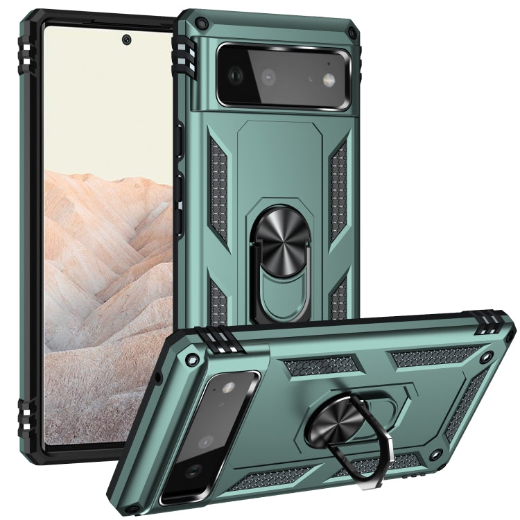 Teal shockproof phone case with rotating kickstand ring and raised camera cover
