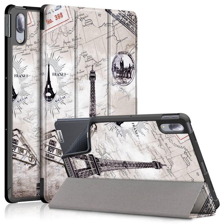Printed PU+TPU flip leather case with Eiffel Tower map design, tri-fold stand