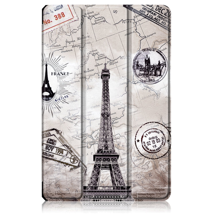 Printed flip leather case with Eiffel Tower map pattern and circular stamp design
