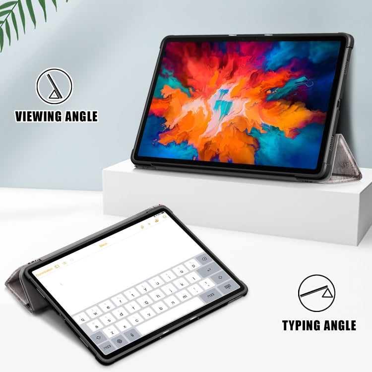 Gray flip stand case holding tablet upright at typing and viewing angles