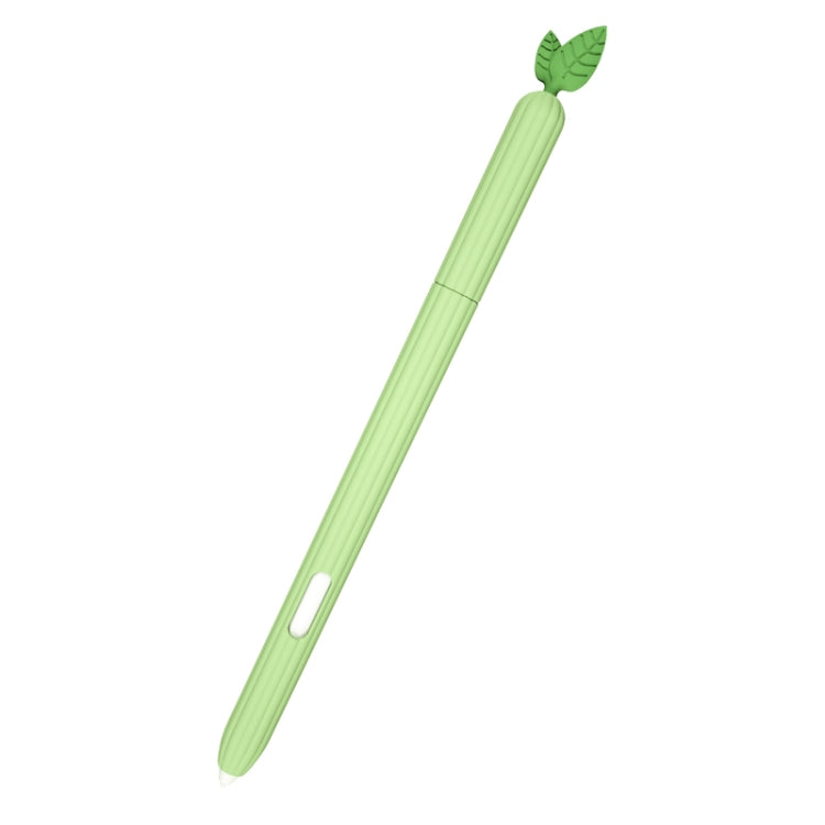 Avocado-green silicone stylus protective case with leaf top and side slot, angled view.