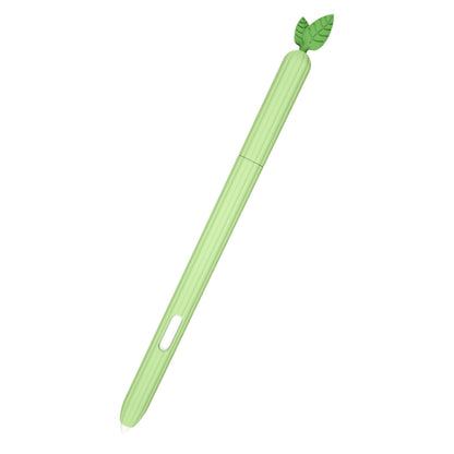 Avocado-green silicone stylus protective case with leaf top and side slot, angled view.