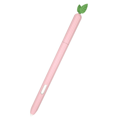Peach-pink silicone stylus protective case with leaf top and side slot, angled view.