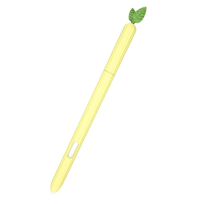 Small pineapple yellow silicone stylus protective case with leaf top and side slot, angled.