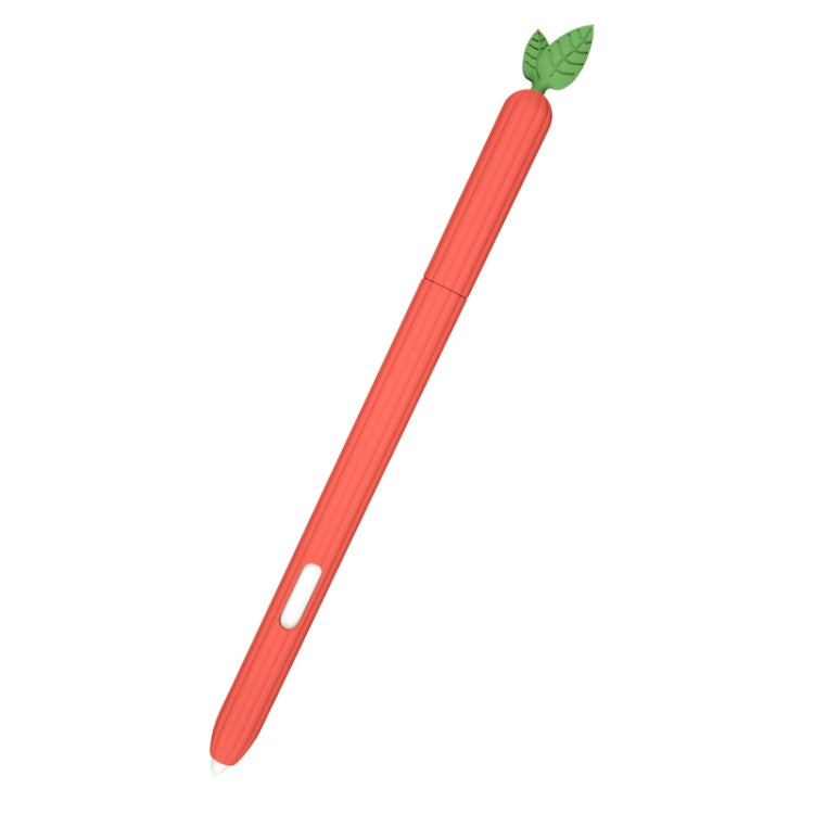Red strawberry silicone stylus protective case with leaf top and side slot, angled view.