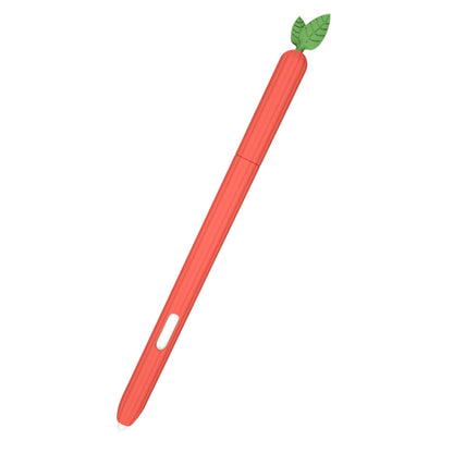 Red strawberry silicone stylus protective case with leaf top and side slot, angled view.
