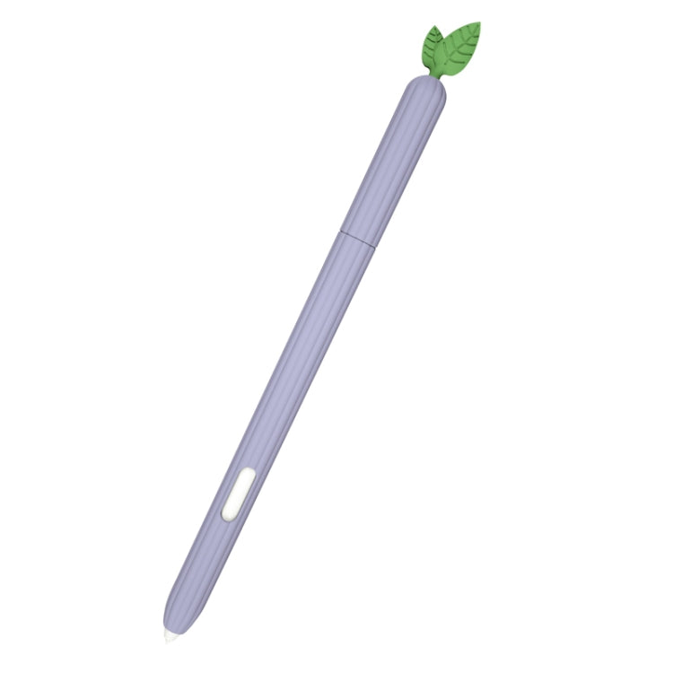 Grape-purple silicone stylus protective case with leaf top and side slot, angled view.