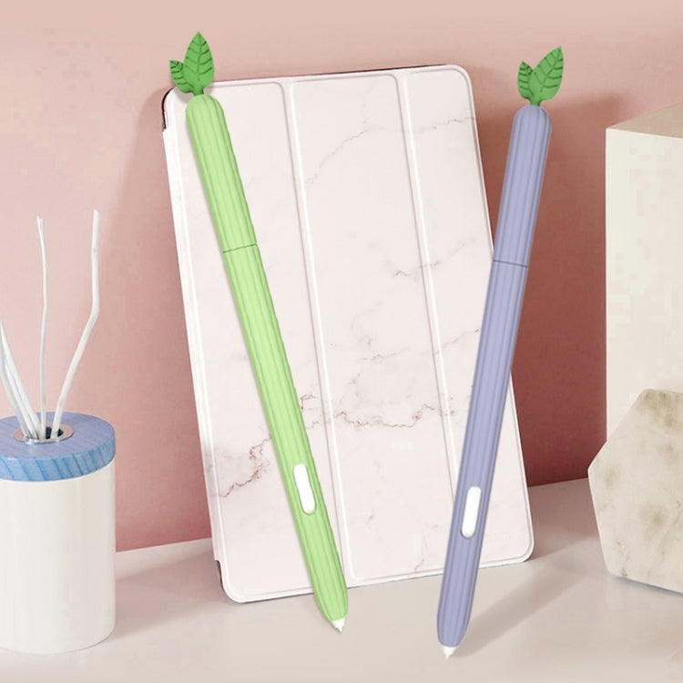 Two silicone fruit-shaped stylus protective cases, green and blue with leaf toppers