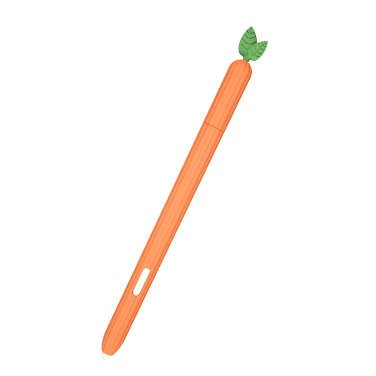 Carrot-orange silicone stylus protective case with leaf top and side slot, diagonal view.