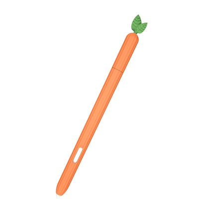 Carrot-orange silicone stylus protective case with leaf top and side slot, diagonal view.