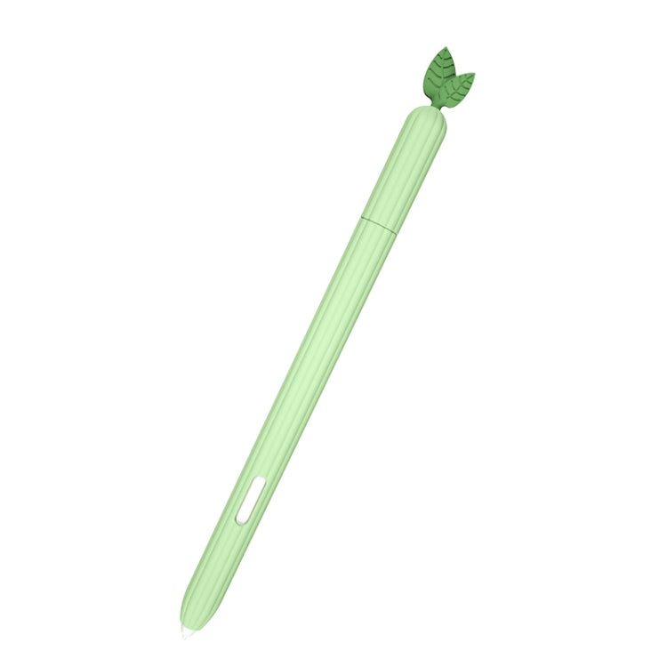 Avocado-green silicone stylus protective case with leaf top and side slot, diagonal view.