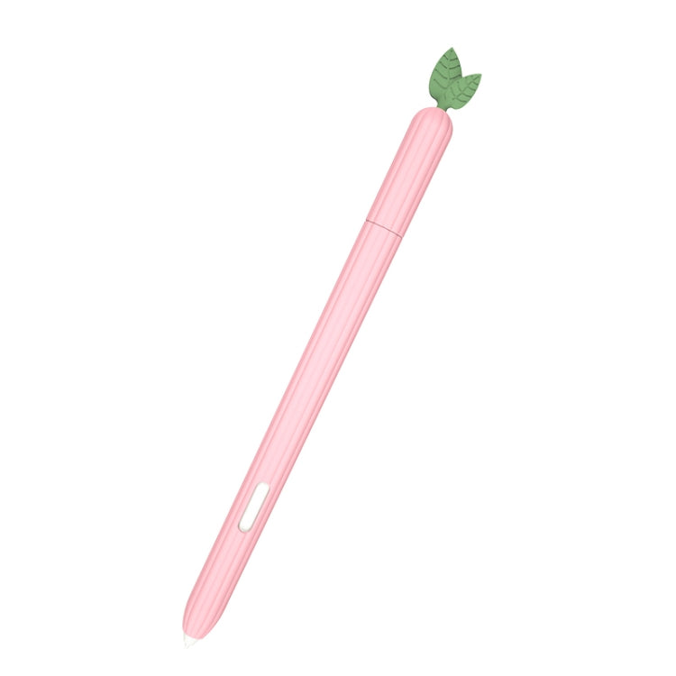 Peach-pink silicone stylus protective case with leaf top and side slot, diagonal view.