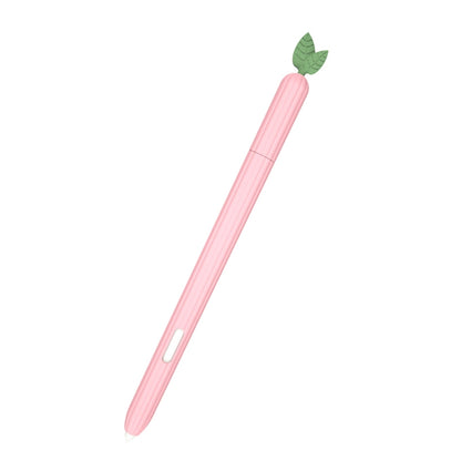 Peach-pink silicone stylus protective case with leaf top and side slot, diagonal view.