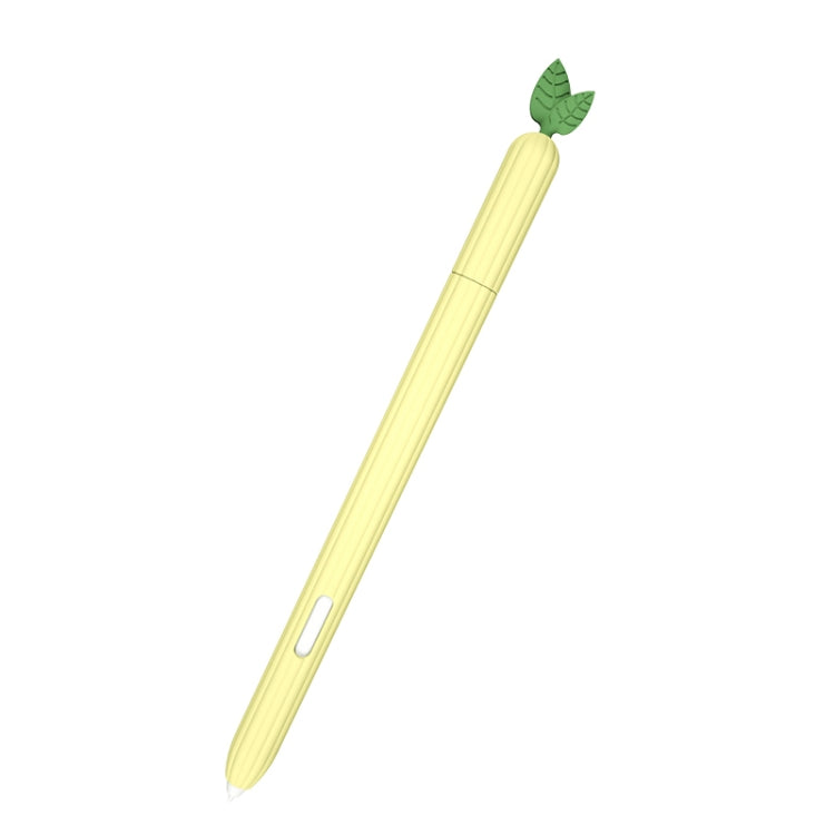 Small pineapple yellow silicone stylus protective case with leaf top and side slot, diagonal.
