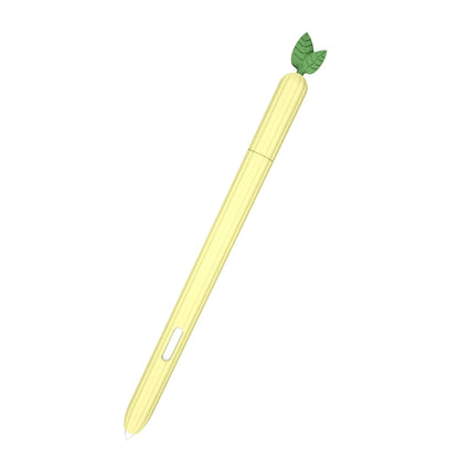 Small pineapple yellow silicone stylus protective case with leaf top and side slot, diagonal.