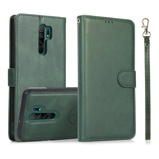 Green leather-style magnetic flip wallet phone case with card slots and detachable back