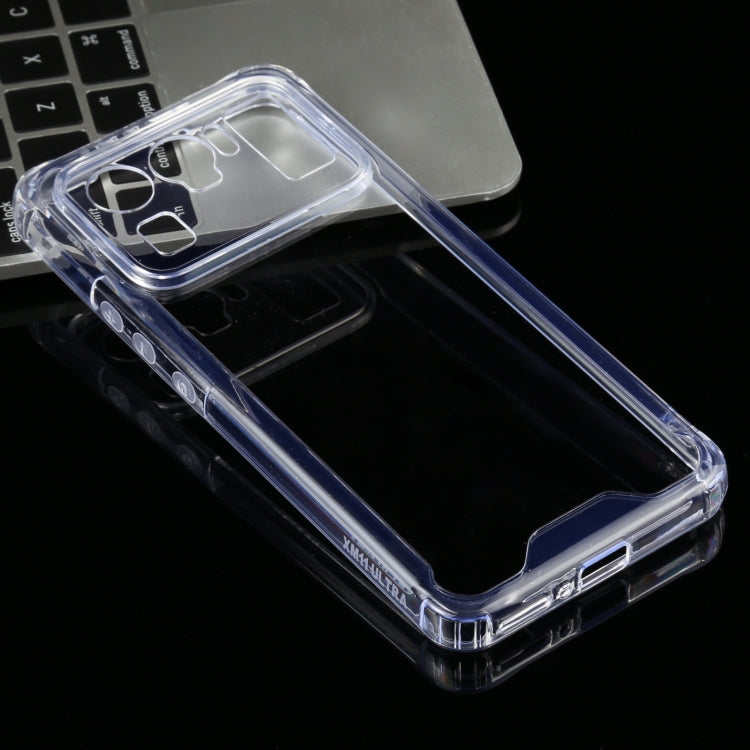 Transparent shockproof phone case with blue bumper, raised corners, camera cutouts