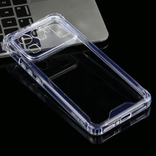 Transparent shockproof phone case with blue bumper, raised corners, camera cutouts