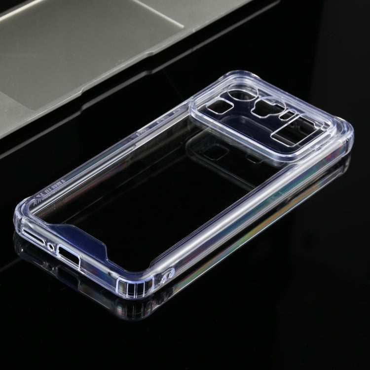 Clear TPU phone case with blue trim, side button cutouts, protective corner edges