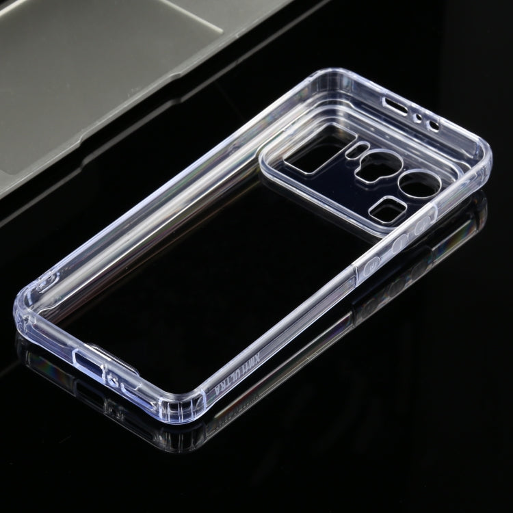 Transparent protective phone case with blue border, camera lenses and flash openings