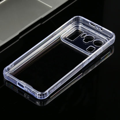 Transparent protective phone case with blue border, camera lenses and flash openings