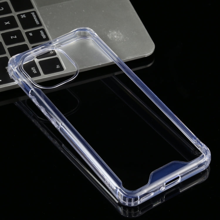 Clear phone case with blue edge, four-corner shock protection, side button access