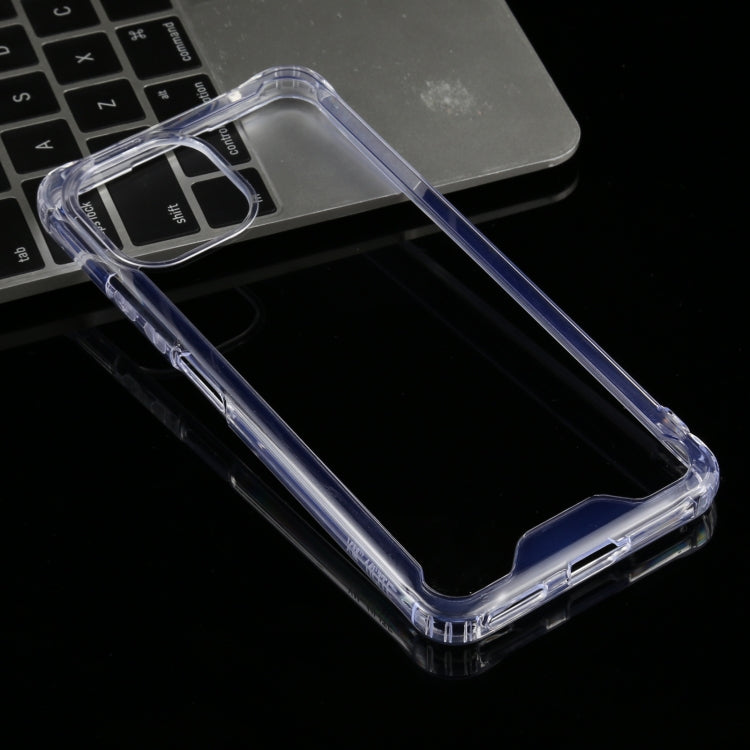 Transparent TPU phone case with blue bumper, camera cutouts on back and raised lip