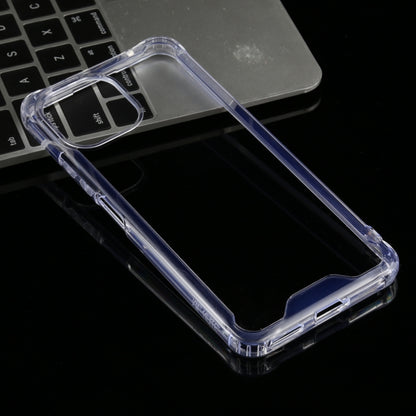 Transparent TPU phone case with blue bumper, camera cutouts on back and raised lip