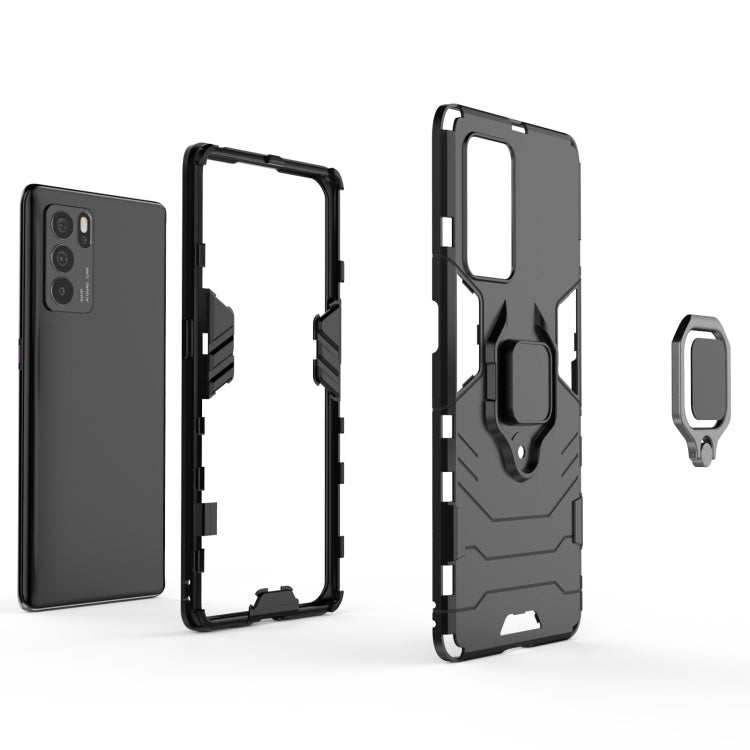 Shockproof phone case with magnetic ring holder, black rugged shell with cutouts