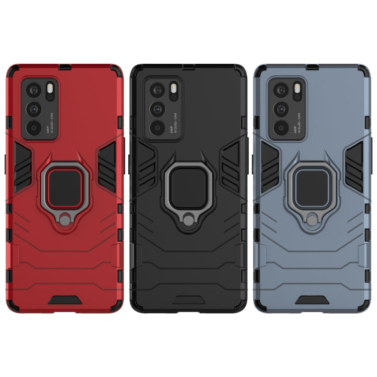 Shockproof phone cases with magnetic ring holder in red, black, and gray-blue