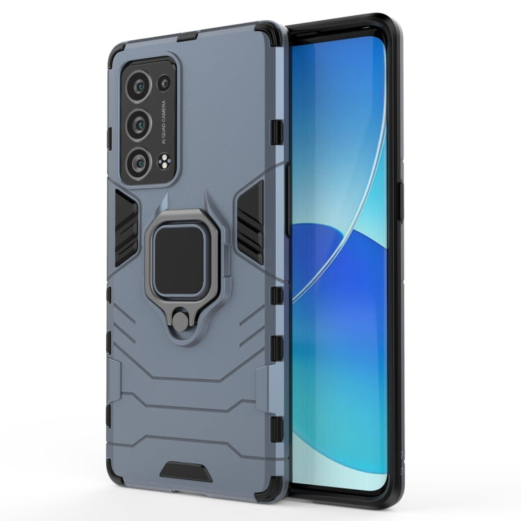 Shockproof phone case with magnetic ring holder, navy blue rugged TPU + PC cover