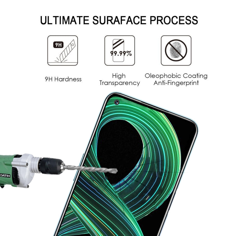 Tempered glass screen protector on smartphone, with hardness and anti-fingerprint process icons